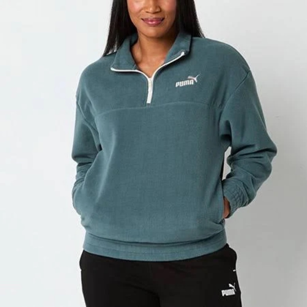 PUMA Pullover Top XL-Blue Gray 1/4 Zip Fleece Mock Neck Sweatshirt Pockets Women